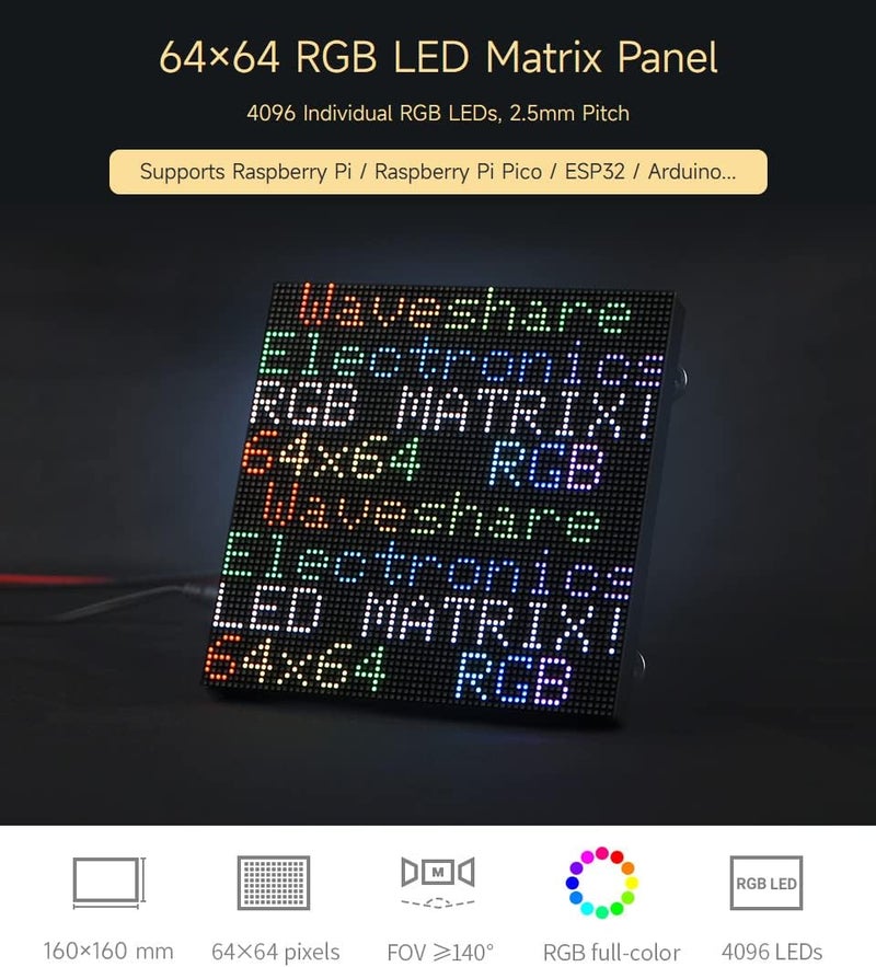 Waveshare RGB Full-Color LED Matrix Panel, 2.5mm Pitch, 64×64 Pixels, Adjustable Brightness, Compatible with Raspberry Pi 5/4B/3B/Zero/Zero W/Zero 2W/Pico/Pico W/Pico WH - Image 3